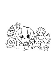 Fototapeta premium Summer Seashell Collection Coloring Page for Kids. Simple Ocean Life Outline Illustration for Children.