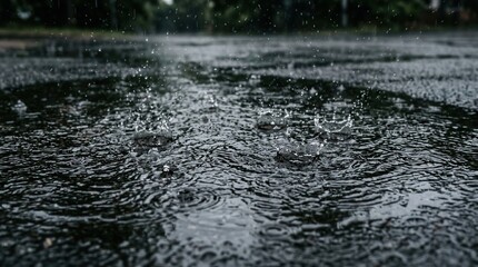 Fototapeta premium Raindrops splashing on wet asphalt during a heavy storm. Natural water cycle representing environment day and climate awareness.