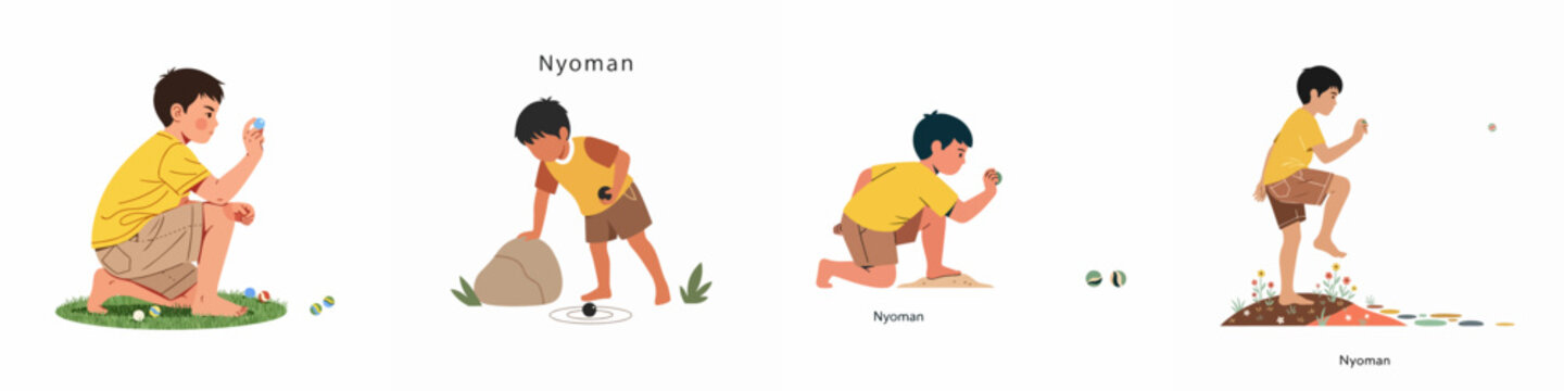 Illustration set of a young boy named Nyoman playing marbles in various outdoor environments like grass, sand, and rocks.