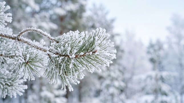 Frosty pine branch covered in white ice crystals during winter. Pristine forest representing global environment day conservation.