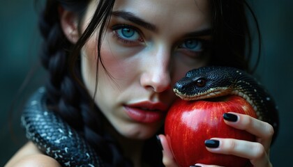 Plakat Young woman holds red apple with snake coiled around arm. Blue eyes gaze intently, representing temptation, knowledge, or original sin. Artistic concept of forbidden fruit and deception.
