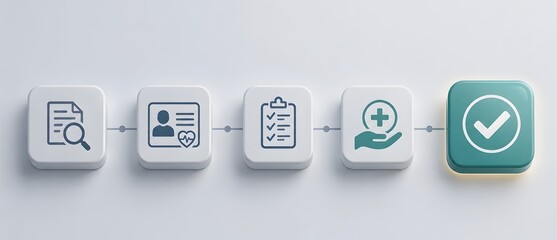 3D healthcare process timeline showing patient journey from medical record search to checklist and final approval © Aish-Studio