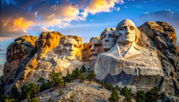 Mount Rushmore National Memorial at sunset with dramatic clouds.