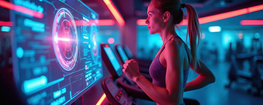 Fit woman runs on treadmill in modern gym with holographic interface. Athlete uses digital screen for health data tracking during cardio training session. Cyber sport environment shows performance