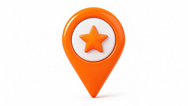 Orange plastic map pointer pin location marker with star symbol isolated on transparent background cut out