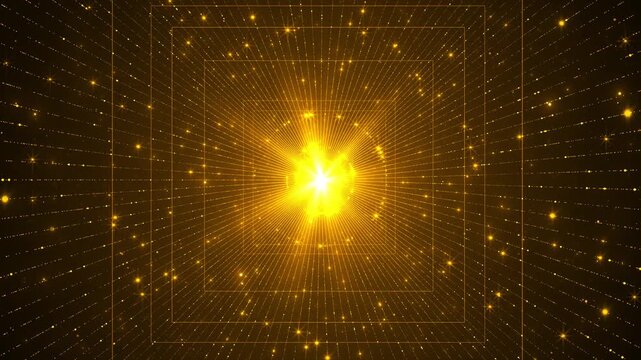 Golden square tunnel background radiant burst, perspective grid lines, sparkling particles, futuristic depth. logo reveals, award intros, luxury tech celebration openers, title screens, motion loops.