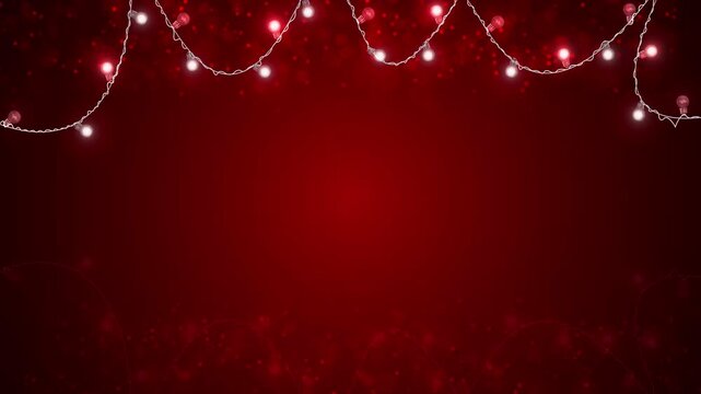 Red festive string lights background with glowing bulbs, bokeh, empty center space for text. Christmas greetings, holiday invitations, party seasonal sale promos, celebration , social media templates.
