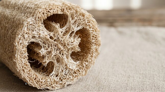Natural organic loofah sponge on textured linen cloth. Sustainable zero waste lifestyle concept for world environment day.