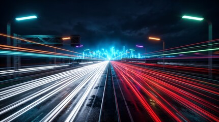 Obraz premium Bright light trails speed across a dark wet highway leading toward a glowing futuristic city skyline