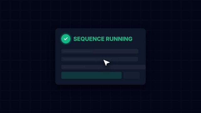Technological system activation sequence, neon-lit interface elements on dark background, screens progressing from standby to initialization and sequence running, symbolizing technological process