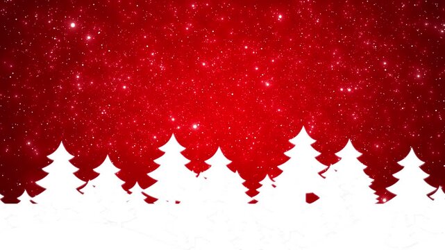 Red Christmas snow background pine tree silhouettes, falling snow particles, winter atmosphere. holiday greetings, festive intros, family videos, sale promos, greeting cards, seasonal animations.