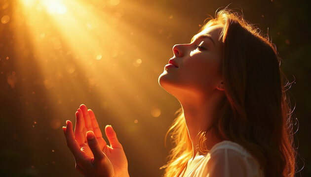 Young woman prays with eyes closed, hands raised toward sky. Golden sunlight illuminates face during peaceful religious meditation. Faithful female feels spiritual connection, divine gratitude.