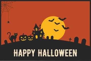 Halloween background with haunted house, pumpkins, cat, bats, and full moon © firoz