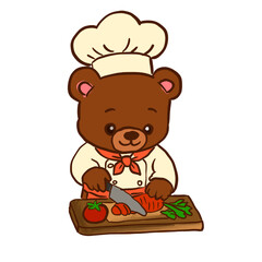 Cute Bear Chef Cooking with Vegetables Cartoon Character Illustration for Stickers, Kids Apparel, Recipe Cards and Kitchen Designs