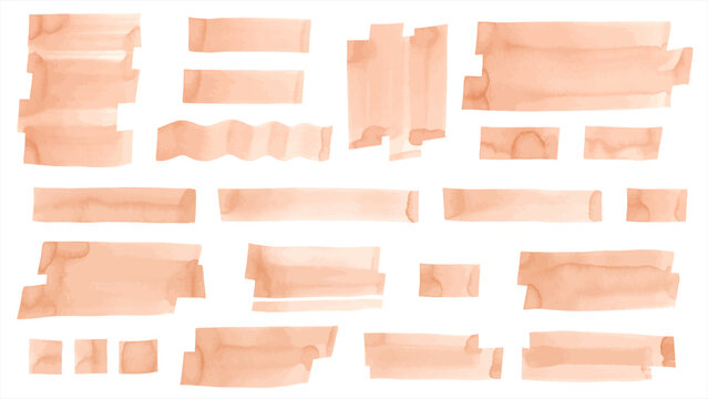 Watercolor hand drawn square flat brush strokes set. Light beige flesh skin color watercolour aquarelle stains stripes graphic design elements backgrounds collection. Text boxes frames templates