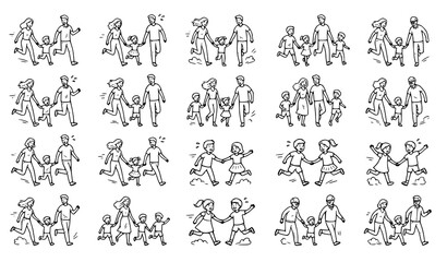 Obraz premium Hand Drawn Running Family Holding Hands Vector Illustration Set