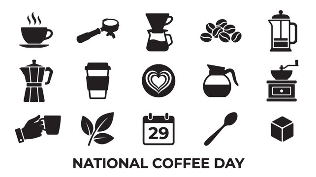 National Coffee Day icon set with 15 black vector elements, minimalist cafe equipment symbols, espresso brewing tools and beverage icons for menu design