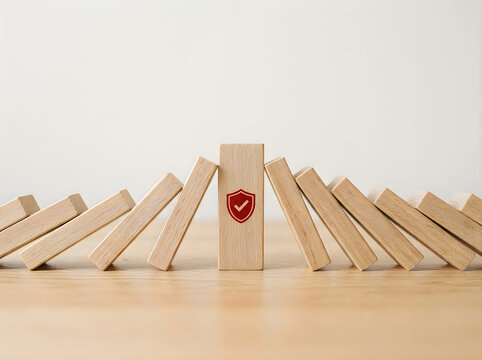 Falling Wooden Dominoes With Shield Icon Security Concept