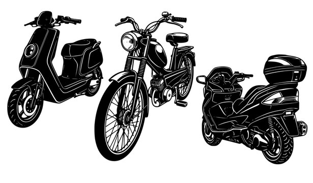 Motorcycle moped and electric scooter vector illustration set showing three different styles of urban two wheeler vehicles isolated on white background for rental branding