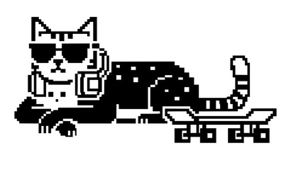 Cool cartoon cat vector illustration wearing sunglasses and headphones lying down near skateboard black silhouette mascot logo isolated on white background for apparel design © MdIbrahimIslam