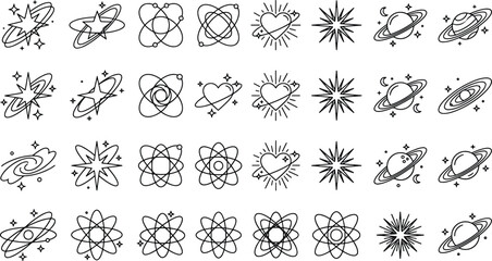 Collection of celestial and scientific symbols including planets orbits atoms hearts stars and sparkling elements in linear style with celestial illustration collection astronomy © Golzar