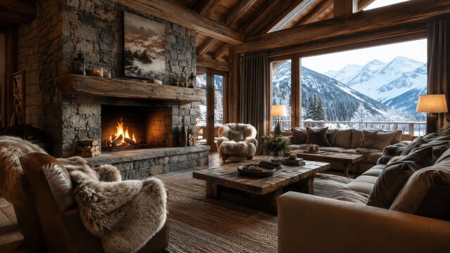 Alpine ski chalet interior with stone fireplace and snowy view