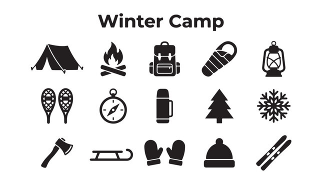Winter Camp icon set, 15 black silhouette camping icons, outdoor adventure gear vector collection for cold weather hiking and survival