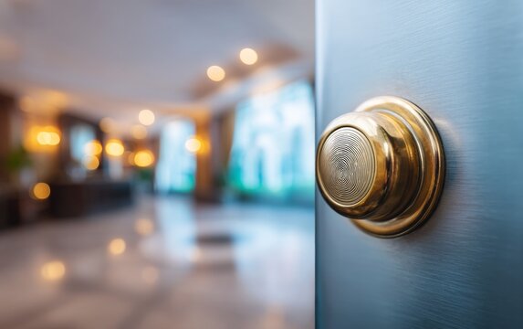 Close-up of golden door knob with blurred modern interior background open door