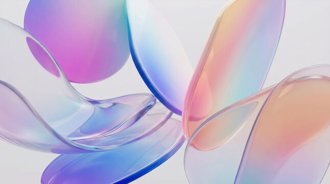 Abstract 3D background with floating glass drops and pastel holographic gradient shapes on white, modern design. AI generated