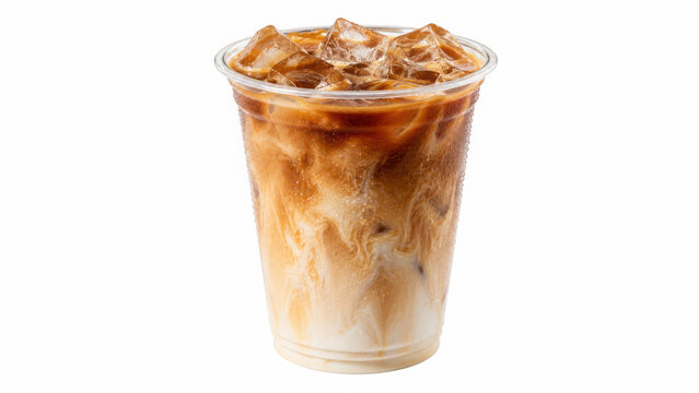 Refreshing iced coffee with milk in a clear plastic cup with a lid for summer beverage concepts isolated on transparent background cut out