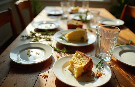 Table setting with leftover cake slices and crumbs after a birthday party. Empty plates and glasses suggest a meal concluded with remnants of a sweet celebration on a wooden table.