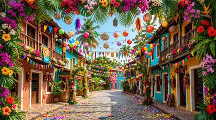 Naklejka premium Colorful festive street decorated with hanging lanterns and flowers