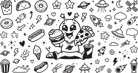 Cute Space Alien Eating Fast Food Vector Icons Set with Cosmic Doodle Elements © Masuda