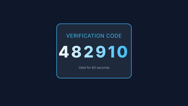 Verification code, numeric code 482910 on dark background with timer, symbolizing authentication and security, seamless loop