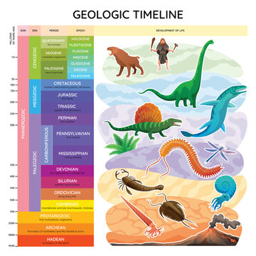 Geologic timeline scale vector illustration. Labeled earth history scheme with epoch, era, period, EON and mass extinctions diagram. Educational inforgraphic with examples, explanation and description