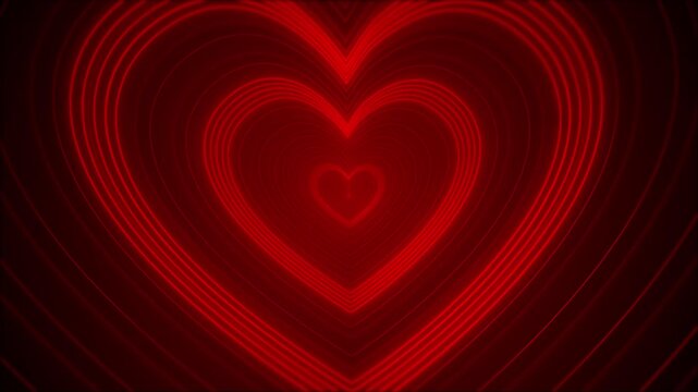 Red heart tunnel background glowing nested outlines, deep romantic depth, and smooth light trails. Valentine , love intros, wedding screens, romantic greetings, music visuals, celebration overlays.