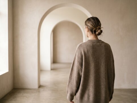 Woman standing in minimalist archway. Back view of person in beige sweater in neutral room.