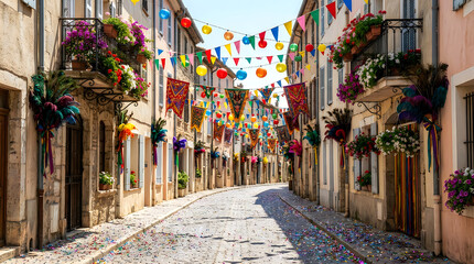 Fototapeta premium Colorful street decorated with hanging lanterns and flowers