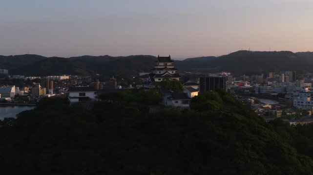 Aerial View of Karatsu Castle at Sunset in Saga, Japan