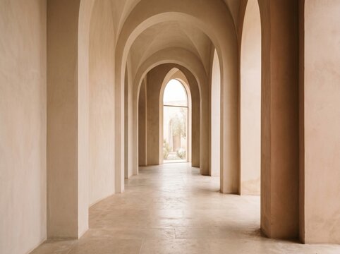 Minimalist beige arched hallway. Modern architectural corridor with soft natural lighting.