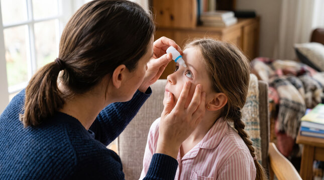 Mother putting medical eye drops for daughter