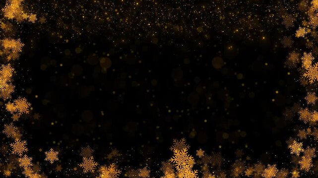 Golden Christmas snow border background empty center, festive flake decoration, floating bokeh, holiday sparkle. greeting , winter invitations, seasonal promos, family cards, celebration titles.