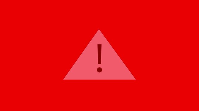 Warning sign animation: flashing exclamation mark triangle on red background, alert danger caution