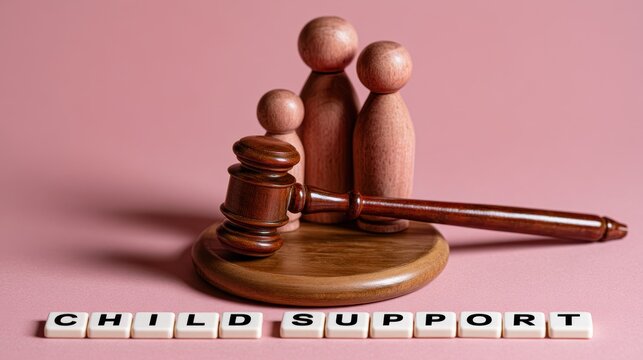 A wooden gavel and family pegs on pink. Law and family concept.