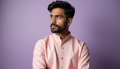 Obraz premium Young Indian man wears traditional pink kurta in studio. Guy stands against plain light purple background. Looks away with pensive thoughtful expression. Male model groomed beard, neat hair style.