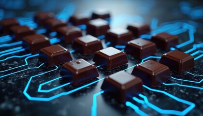 Fototapeta premium Square chocolate pieces arranged on dark surface with glowing blue circuit lines pattern. Food art concept merges digital technology with tasty snacks. Modern background shows connection between