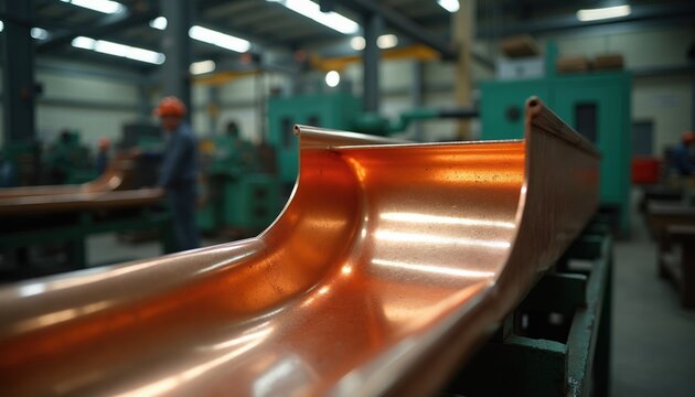 Copper gutter profile made in metal fabrication workshop. Workers use machines for shaping metal. Industrial production of roofing and drainage parts.