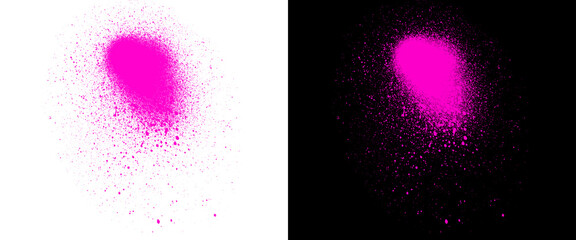 Neon pink spray paint splash, vibrant graffiti aerosol texture on white and black backgrounds, urban street art splatter element for graphic design © Stocker BD