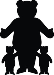 A large bear standing tall with two small bear cubs positioned on either side of its legs, isolated on a white background, black shape © FAHIM