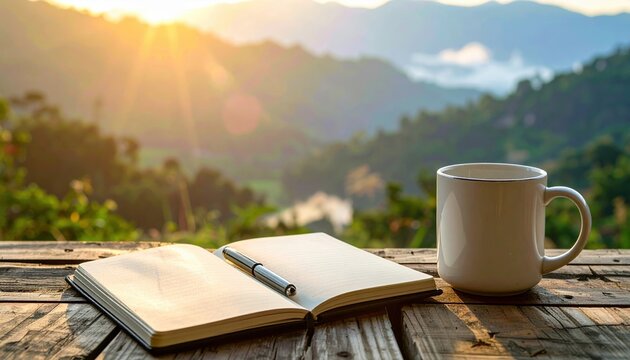 blank journal beside coffee mug